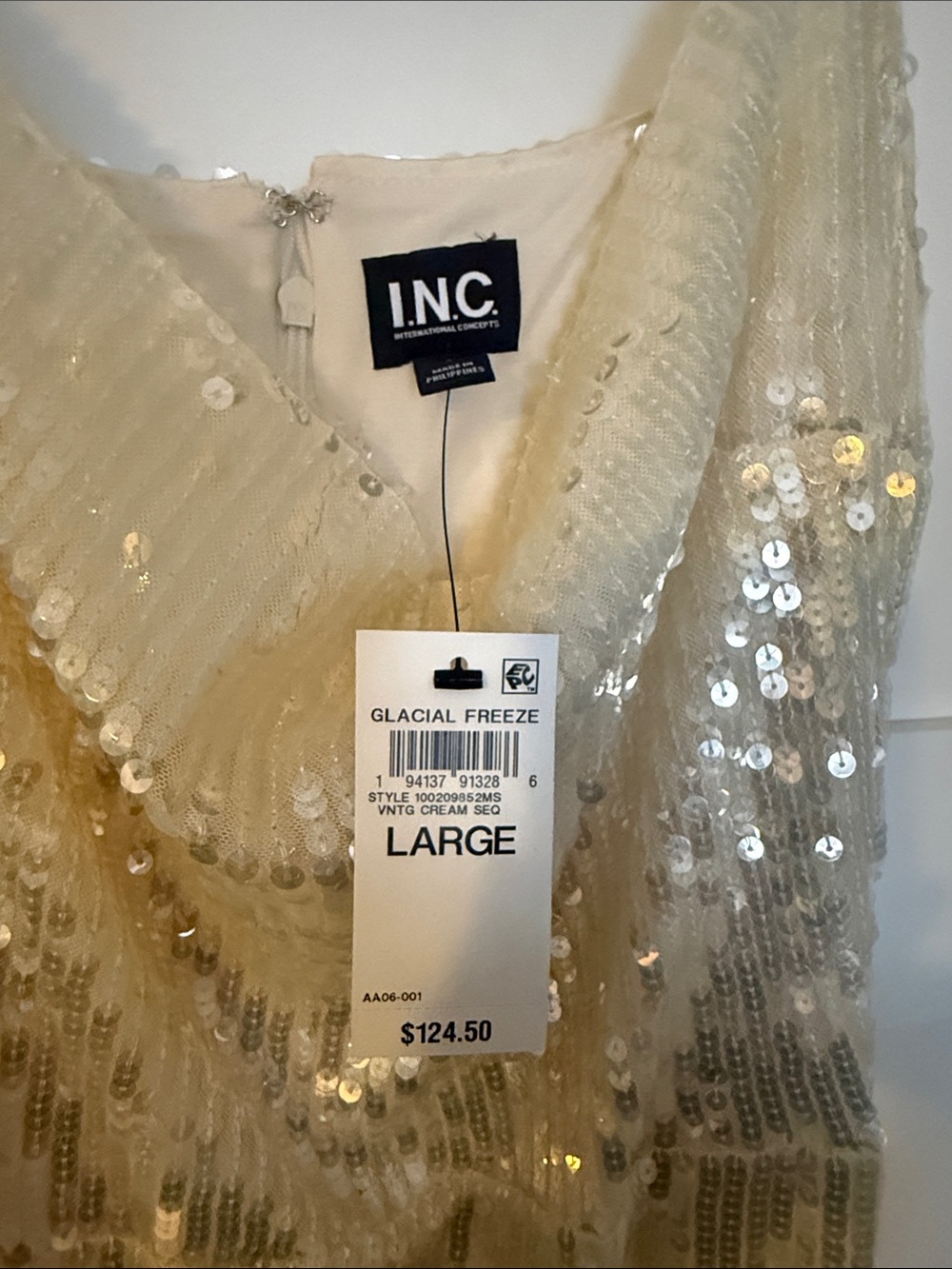 INC International Concepts Cream Sequin V-Neck Dress - Picture 2 of 3